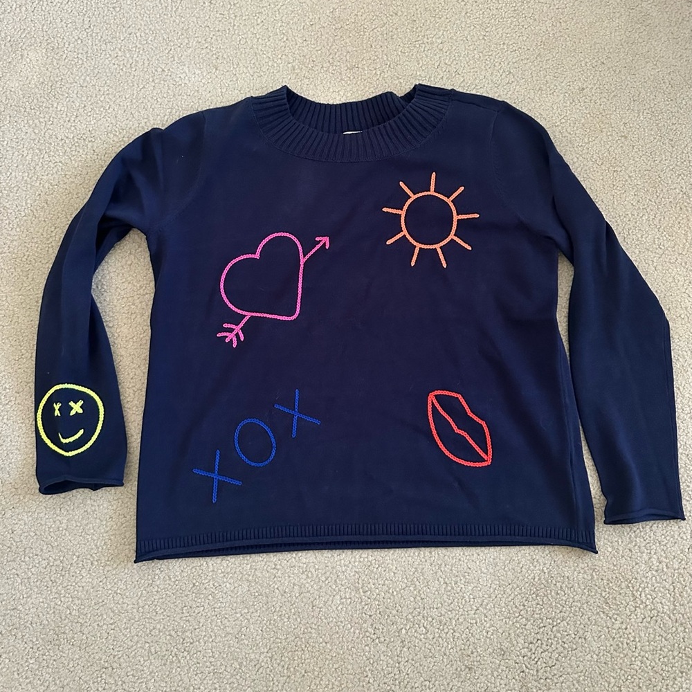 Lisa Todd Blue Crew Neck Sweater with Colorful Designs